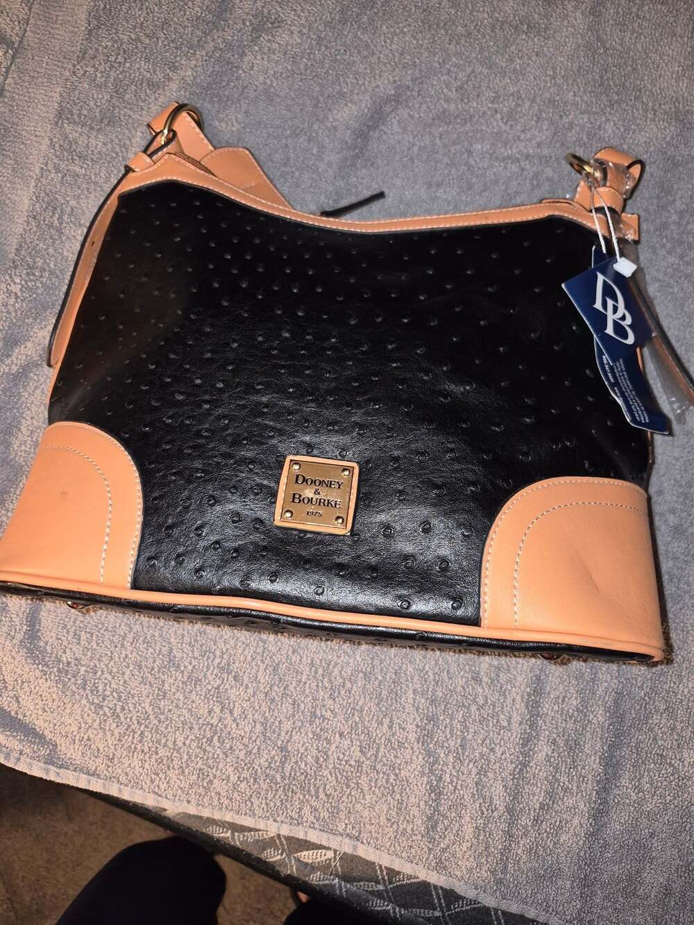 Dooney & Bourke Ostrich Crossbody Hobo Handbag Black Tan